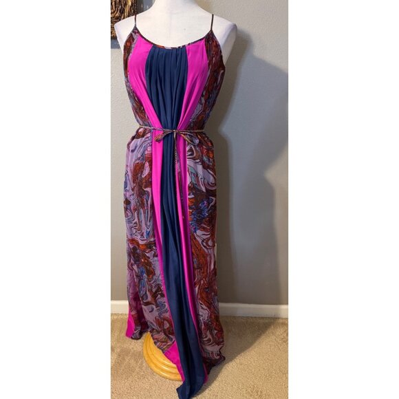 Ella Moss Silk Maxi Dress M Medium Tiered Sleeveless Flowy Pinks Purples Belted - Picture 4 of 15